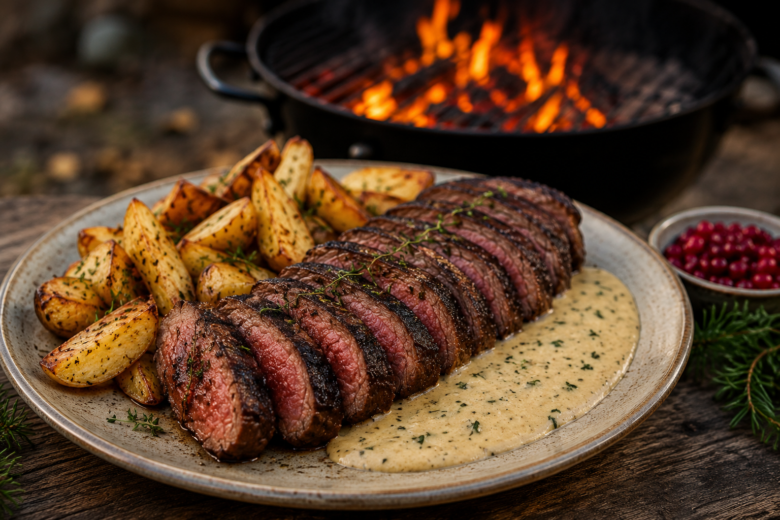 Grillad renbog med rostad potatis & palsternacka och rökig ostsås